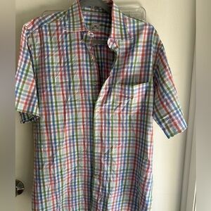 Peter Millar Size M 100% Linen Short Sleeve Button Up Shirt White Blue Green